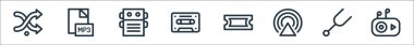 Müzik çizgisi simgeleri. Doğrusal küme. mp player, diapason, broadcast, ticket, kaset, pedal, mp file gibi kalite vektör satırı kümesi