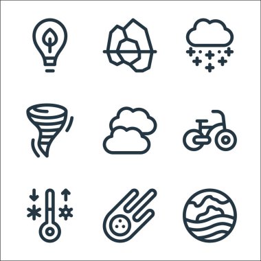 İklim değişikliği çizgisi simgeleri. Doğrusal küme. Isı dalgası, göktaşı, sıcaklık, çevre dostu bulutlar, kasırga, kar, buzdağı gibi kalite vektör çizgisi kümesi