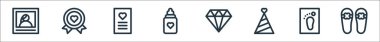 Anneler günü sembolleri. Doğrusal küme. Terlik, yalınayak, parti şapkası, elmas, beslenme şişesi, tebrik kartı, madalya gibi kalite vektör dizileri