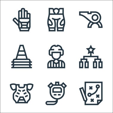 Hokey çizgisi simgeleri. Doğrusal küme. Strateji, kronometre, göğüs koruması, takvim, hakem, koni, ıslık, pantolon gibi kalite vektör çizgisi