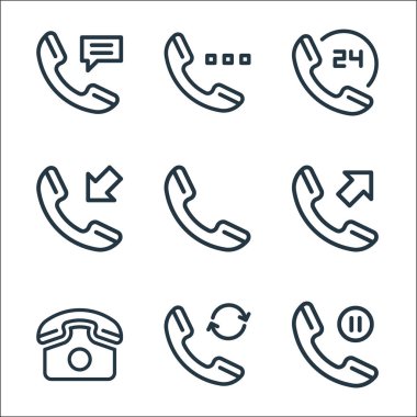 Telefon hattı simgeleri. Doğrusal küme. Telefon, telefon, çağrı, gelen arama gibi kalite vektör satırı,