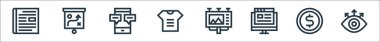 Reklam çizgisi simgeleri. Doğrusal küme. Görünüm, para, blog, reklam panosu, t-shirt, mobil sohbet, strateji gibi kalite vektör çizgisi