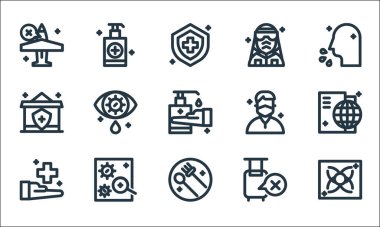 Koronavirüs çizgisi simgeleri. Doğrusal küme. Gaz, temiz, sağlıklı, seyahat yok, covid, ev, hasta, hemşire, dezenfektan gibi kalite vektör çizgisi