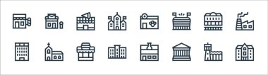 Kentsel yapı çizgisi simgeleri. Doğrusal küme. Konak, müze, lise, iş merkezi, tren istasyonu, pizzacı, veteriner, postane gibi kalite vektör dizileri