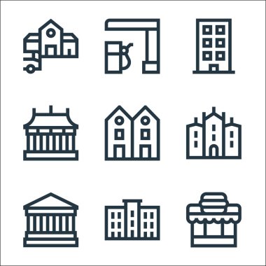 Kentsel yapı çizgisi simgeleri. Doğrusal küme. Hamburger, lise, müze, üniversite, dağ evi, tapınak, blok, benzin istasyonu gibi kalite vektör dizileri