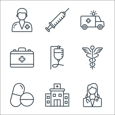 Tıbbi hat simgeleri. Doğrusal küme. Doktor, hastane, hap, caduceus, infüzyon, doktor çantası, ambulans, şırınga gibi kalite vektör dizileri