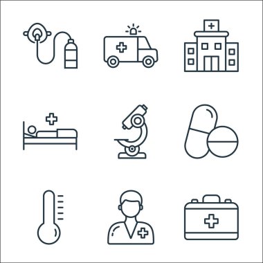 Tıbbi hat simgeleri. Doğrusal küme. Doktor çantası, hemşire, termometre, hap, mikroskop, hastalık, hastane, ambulans gibi kalite vektör çizgisi