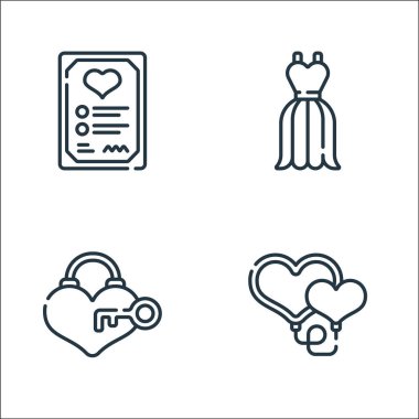 Evlilik çizgisi simgeleri. Doğrusal küme. kalp, kalp kilidi, elbise gibi kalite vektör çizgisi