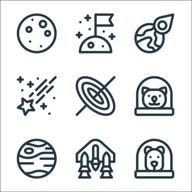 Uzay çizgisi simgeleri. Doğrusal küme. Köpek, uzay gemisi, cıva, kedi, kara delik, kayan yıldız, asteroid, bayrak gibi kalite vektör çizgisi kümesi