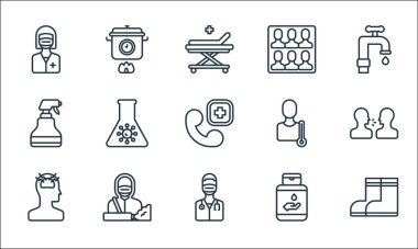 Covid çizgi simgeleri. Doğrusal küme. Çizme, doktor, baş ağrısı, el dezenfektanı, hademe, sprey, termometre, kalabalık, yemek pişirme gibi kalite vektör dizileri