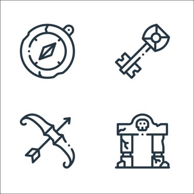 Video oyunu unsurları satır simgeleri. Doğrusal küme. Kapı, ok, anahtar gibi kalite vektör çizgisi