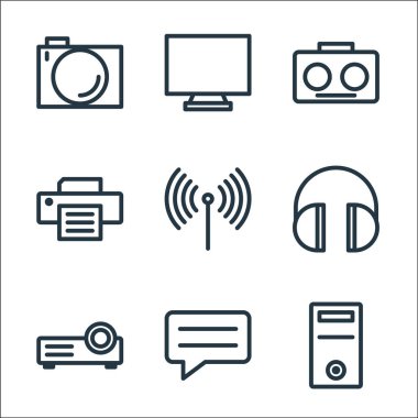 Teknoloji çizgisi simgeleri. Doğrusal küme. Cpu, mesaj, video projeksiyon, kulaklık, yazıcı, radyo, bilgisayar gibi kalite vektör dizileri