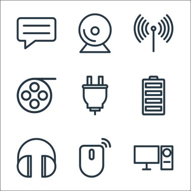 Teknoloji çizgisi simgeleri. Doğrusal küme. Bilgisayar, fare, kulaklık, pil, fiş, sinema makarası, web kamerası gibi kalite vektör dizileri