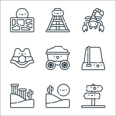 Çöl çizgisi ikonları. Doğrusal küme. Çöl, harabeler, şapka, araba, şapka, akrep, petrol kuyusu gibi kalite vektör çizgisi kümesi