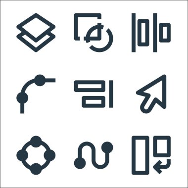 Grafik tasarım çizgisi simgeleri. Doğrusal küme. Döndürme, düğümler, imleç, hizalama, düğümler, hizalama, hizalama, kesişme gibi kalite vektör çizgisi kümesi