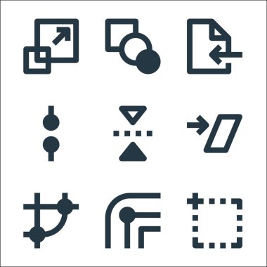 Grafik tasarım çizgisi simgeleri. Doğrusal küme. Sanat tahtası, vuruş, düğüm, kırbaç, takla, düğüm, içe aktarma, harmanlama gibi kalite vektör çizgisi