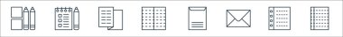 Kırtasiye satırı simgeleri. Doğrusal küme. Kağıt, ciltleyici, zarf, dikey zarf, not defteri, broşür, kontrol listesi gibi kalite vektör satırı kümesi