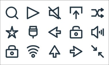 kullanıcı arayüzü satır simgeleri. Doğrusal küme. Ölçek, yukarı ok, kilitli, sağ, wifi, yıldız, kilitlenme, yükleme, çalma gibi kalite vektör çizgisi kümesi