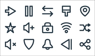 kullanıcı arayüzü satır simgeleri. Doğrusal küme. Kalite vektör çizgisi paylaşımı, bildirim, ses yok, önceki parça, kalkan, yıldız, wifi, boya fırçası, duraklat