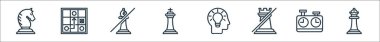 Satranç çizgisi simgeleri. Doğrusal küme. Vezir, satranç saati, kale, analitik düşünce, papaz, fil, taktik gibi kalite vektör çizgisi kümesi