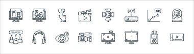 videoblogger line icons. linear set. quality vector line set such as mobile phone, screen, video recorder, conversation, line chart, like, spotlight, fashion clipart