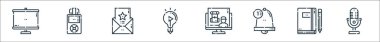 video blogger satır simgeleri. Doğrusal küme. Mikrofon, notlar, bildirim, sırt çantası, fikir, davetiye, ses kaydedici gibi kalite vektör dizileri