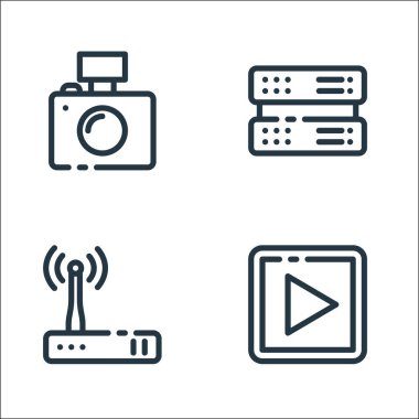 multimedia and electronic line icons. linear set. quality vector line set such as video, modem, server