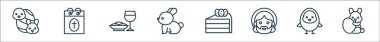 Paskalya çizgisi simgeleri. Doğrusal küme. Paskalya tavşanı, civciv, İsa, pasta, tavşan, ayin, Paskalya günü gibi kalite vektör çizgisi