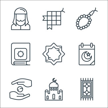 Ramazan çizgi simgeleri. Doğrusal küme. Halı, cami, sadaka, takvim, el hizb, Kur 'an, tespih, tespih gibi kalite vektör dizileri