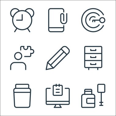 Ofis malzemeleri ikonları. Doğrusal küme. şişe, masaüstü bilgisayar, kabin, dosya dolabı, dijital denetleyici, beceri, hedef, cep telefonu gibi kalite vektör dizileri