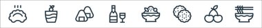 Gastronomi çizgisi simgeleri. Doğrusal küme. Erişte, kiraz, kurabiye, buzlu dondurma, şarap, pirinç, dondurma gibi kalite vektör dizileri