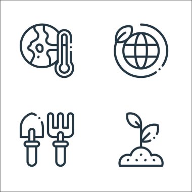 Ekoloji çizgisi simgeleri. Doğrusal küme. bitki, bahçe araçları, ortam gibi kalite vektör çizgisi