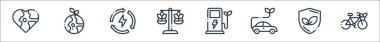 Ekoloji çizgisi simgeleri. Doğrusal küme. Bisiklet, ekoloji, araba, ekolojik yakıt, ekoloji, yenilenebilir enerji gibi kalite vektör çizgisi,