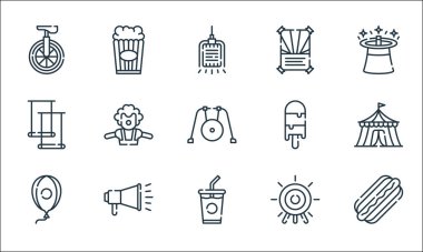 Sirk çizgisi simgeleri. Doğrusal küme. Sosisli sandviç, meşrubat, balon, hedef, megafon, trapez, dondurma, poster, patlamış mısır gibi kalite vektör dizileri