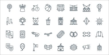 Sirk çizgisi simgeleri. Doğrusal küme. Mikrofon, hedef, papyon, tiyatro, halterler, insan güllesi, hedef, patates kızartması, ateş çemberi gibi kalite vektör çizgisi
