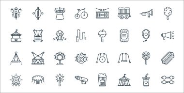 Sirk çizgisi simgeleri. Doğrusal küme. Dambıl, sirk, insan güllesi, hedef, lolipop, ateş çemberi, megafon, karamelize elma, poster gibi kalite vektör dizileri