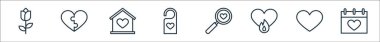 Aşk çizgisi simgeleri. Doğrusal küme. Kaliteli vektör çizgisi: Düğün günü, aşk, kıskançlık, arama, kapı askısı, ev, bulmaca