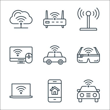Nesnelerin internet bağlantısı simgeleri. Doğrusal küme. Araba, akıllı telefon, dizüstü bilgisayar, akıllı gözlük, araba, akıllı televizyon, anten, yönlendirici gibi kalite vektör dizileri