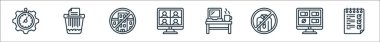 Ofis çizgisi simgeleri. Doğrusal küme. Kalite vektör satırı listesi, iş yok, çalışma alanı yok, görüntü çağrısı yok, iş yok, kağıt düzenleyici