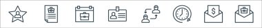İnsan kaynakları çizgisi simgeleri. Doğrusal küme. İş teklifi, maaş, saat, işbirliği, kimlik kartı, takvim, iş tanımı gibi kalite vektör çizgisi