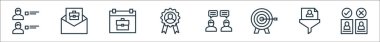İnsan kaynakları çizgisi simgeleri. Doğrusal küme. karar, filtreleme, hedef, röportaj, ödül, zamanlama, iş teklifi gibi kalite vektör çizgisi