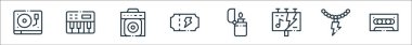 Rock n roll çizgisi simgeleri. Doğrusal küme. Teyp, kolye, reklam panosu, çakmak, konser bileti, amplifikatör, piyano klavyesi gibi kalite vektör dizileri
