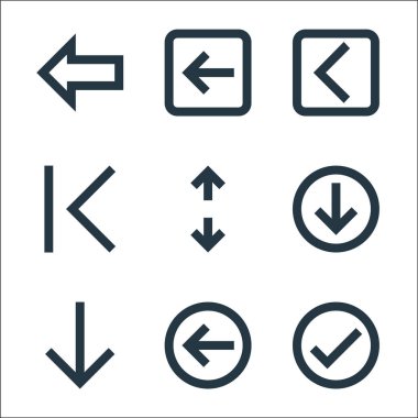 Evet çizgi simgeleri. Doğrusal küme. Kontrol işareti, sol ok, aşağı ok, aşağı ok, karşı ok, sol ok gibi kalite vektör çizgisi kümesi