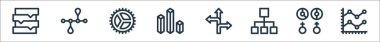 İnfografik elementler çizgi simgeleri. Doğrusal küme. Satır çizelgesi, cinsiyet, ok grafiği, bar çizelgesi, ayarlar, son teslim tarihi gibi kalite vektör çizgisi