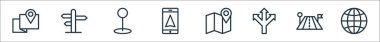 Navigasyon çizgisi simgeleri. Doğrusal küme. Kalite vektör çizgisi dünya çapında, seyahat, yön, konum, GPS telefonu, pin, yön gibi