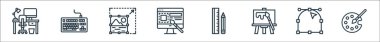 Grafik tasarım çizgisi simgeleri. Doğrusal küme. Renk paleti, dayanak noktası, resim, çizim araçları, web de, fotoğraf düzenleme, klavye gibi kalite vektör çizgisi kümesi
