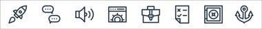 Dijital pazarlama çizgisi simgeleri. Doğrusal küme. Çapa, kasa, test, evrak çantası, ağ ayarları, ses, sohbet gibi kalite vektör satırı kümesi
