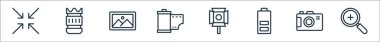 Fotoğraf çizgisi simgeleri. Doğrusal küme. Ekle, fotoğraf çek, yükle, ışık, rulo, resim, kamera lensi gibi kalite vektör çizgisi kümesi