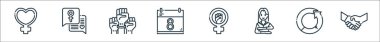 Kadın gündüz çizgisi simgeleri. Doğrusal küme. El sıkışma, feminizm, kadın, feminizm, takvim, takım çalışması, konuşma gibi kalite vektör çizgisi