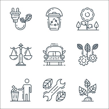 Çevre ve çevre çizgisi simgeleri. Doğrusal küme. Bitki, tamir araçları, çöp kutusu, ekoloji, bank, denge ölçeği, çiçek, geri dönüşüm gibi kalite vektör çizgisi kümesi
